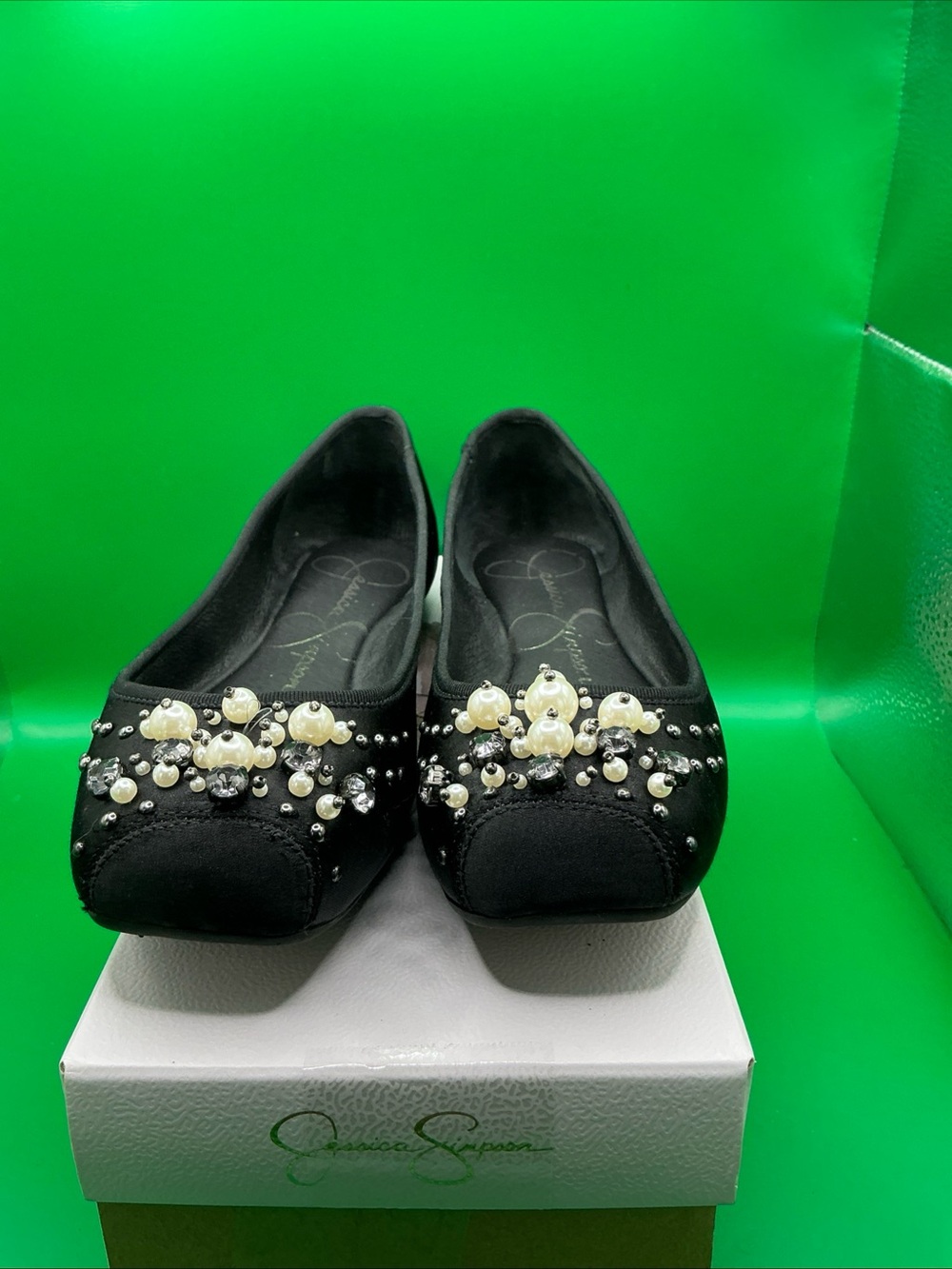 Jessica Simpson Black Pearl & Crystal Embellished Ballet Flats